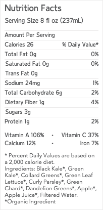 Chef V Green Juice Nutrition Label